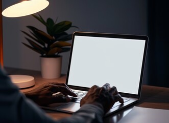 Wall Mural - Close up of hands typing on a laptop with a white background display, in a white modern living room background.