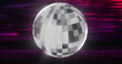 Image of disco ball over light trails on pink and purple light trails background