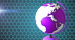 Image of spinning globe icon over hexagon pattern background
