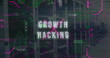 Image of growth hacking text, changing numbers, binary codes, computer language over server room