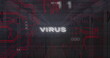 Image of virus text, binary codes and circuit board pattern over server room