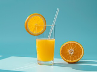 Wall Mural - Food photography of orange juice in a glass with a straw and slice on a blue background, minimalism.