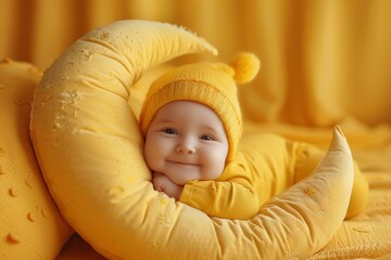 Poster - A baby is laying on a yellow pillow shaped like a crescent moon