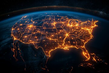 A map of the United States lit up in the dark