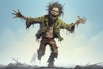 A friendlylooking, cartoonish zombie emerging from the ground, dressed in tattered clothing and waving hello, set against a light gray background