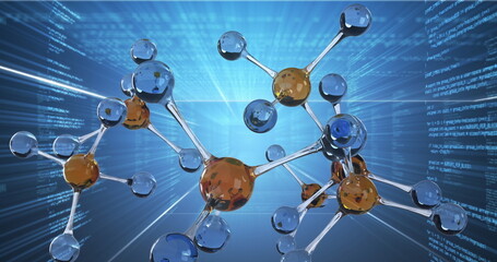 Wall Mural - Molecular models are floating in front of digital data background