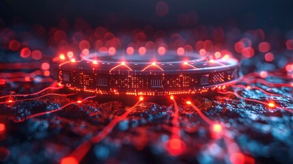 Abstract illustration of futuristic technology. Glowing red circuit board with data flowing through it.