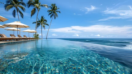 Wall Mural - A stunning infinity pool at an all-inclusive resort,  blue sea and palm trees swaying in the breeze. The luxurious lounge chairs under umbrellas for guests to relax and enjoy their vacation. 