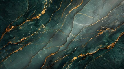 Wall Mural - A breathtaking abstract composition featuring a dark green aqua background reminiscent of marble, adorned with shimmering golden veins that meander gracefully across the surface