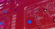 Image of connections, data, blue and pink dots on red background
