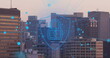 Image of tech icons with connections and digital padlock, floating over cityscape