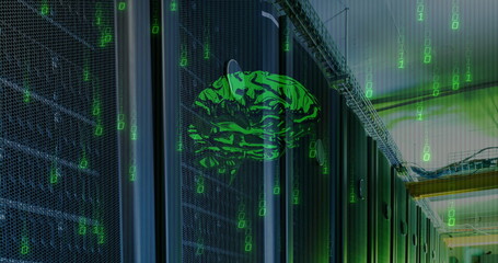 Wall Mural - Image of data processing and digital brain over server room