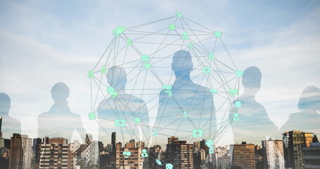 Poster - Image of tech icons with connections and people silhouette over cityscape