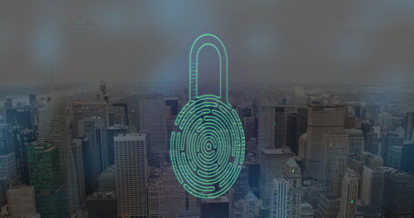 Wall Mural - Image of digital padlock with biometrics pattern over aerial view of cityscape against sky