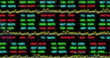 The image shows a stock market display with red, blue, and green stock market tickers and graphs the
