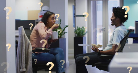 Poster - Image of question marks over african american coworkers talking while having food at office