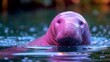 © Jolanta - the whimsical beauty of a pink manatee gracefully gliding through serene waters, banner style, copy space