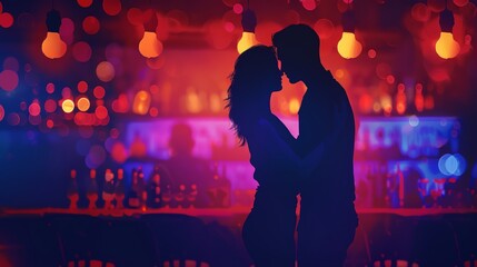 Wall Mural - a couple kissing in a bar with colorful lights in the background