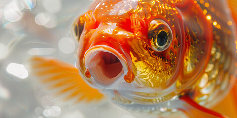 close up of the head and mouth of a goldfish made of glass with white reflections, generative AI