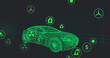 Image of multiple digital icons floating over 3d car model moving in seamless pattern in tunnel