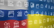 Image of interface with multiple digital icons against waving russia and ukraine flag background