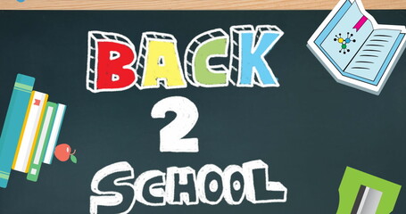 Poster - Image of back to school text banner and school concept icons falling against chalkboard