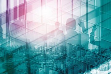 Wall Mural - double exposure image of faded business abstract background with office building and people conferen