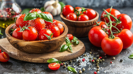 Wall Mural - A bowl of tomatoes and basil sits on a wooden cutting board