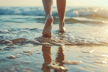 Wall Mural - Closeup of woman feet walking on beach