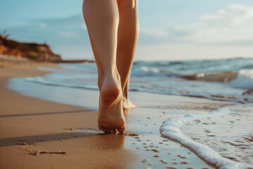 Wall Mural - Closeup of woman feet walking on beach