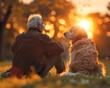 A senior man and his loyal golden retriever watching the sunset together in a serene park, embodying timeless companionship and mutual care