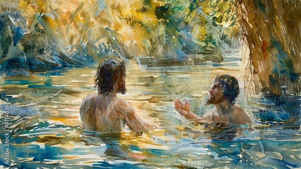 Ilustração Baptism of Christ with John the Baptist baptizing Jesus in ...