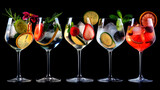 Fototapeta Kuchnia - Set of different tropical fresh cocktails differ in color and shape of the glasses on the color background