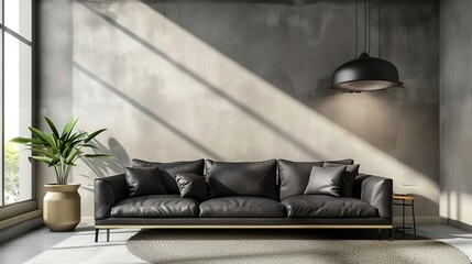 Living room have dark leather sofa and decoration minimal on two tone wall. Generative Ai