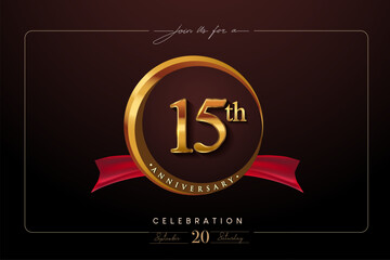 Wall Mural - 15th Anniversary Logo With Golden Ring And Red Ribbon Isolated on Elegant Background, Birthday Invitation Design And Greeting Card.