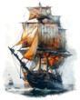 A painted ship on liquid canvas, wooden mast reaching towards art in the ocean