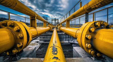 Canvas Print - yellow gas pipes in front of oil and natural Gas storage plant