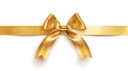 golden ribbon bow on the straight ribbon for festival gift banner isolated on white background