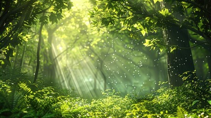 Wall Mural - Renewed woodland vibrant foliage and sunlight beams