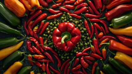 Wall Mural - Red pepper encircled by assorted colored peppers