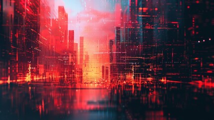 Wall Mural - Abstract digital background of futuristic cityscape with red light