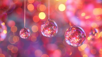 Wall Mural - Behold the festive elegance of Christmas balls delicately suspended against a soft, out-of-focus background, their vibrant colors and shimmering textures captured in stunning HD clarity