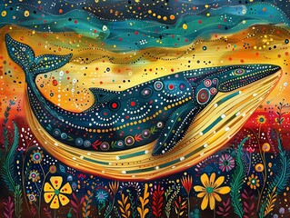 Serene concept of a whale under a star filled sky, Traditional Madhubani Bharni style painting, heartfelt and vibrant background