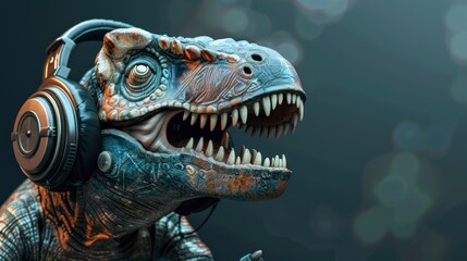 Wall Mural - Cute cyborg dinosaur with headset is roaring. music concept. AI generated image