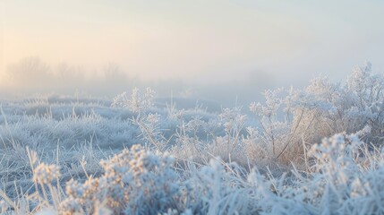 Sticker - Plants and grass covered in frost on a misty winter morning