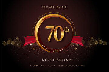Wall Mural - 70th Anniversary Logo With Golden Ring And Red Ribbon Isolated on Elegant Background, Birthday Invitation Design And Greeting Card.