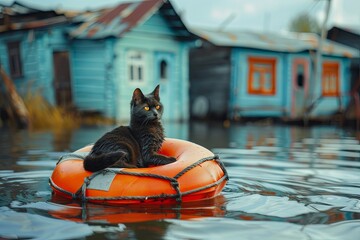Wall Mural - cat sits on life preserver in water, houses in water