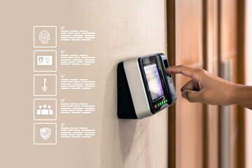 Hand using fingerprint scan proximity card reader access control system for door unlock with security icons for identity ID card or verification identify for safety detect or check attendance.