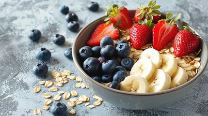 Wall Mural - Oats banana strawberries and blueberries on a grey background