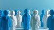 © Sittipol  - A group of blue and white wooden figures of people, with one blue figure standing out in front of the group. Best Job Candidate HR human resources technology.Online and modern technologies for simplif